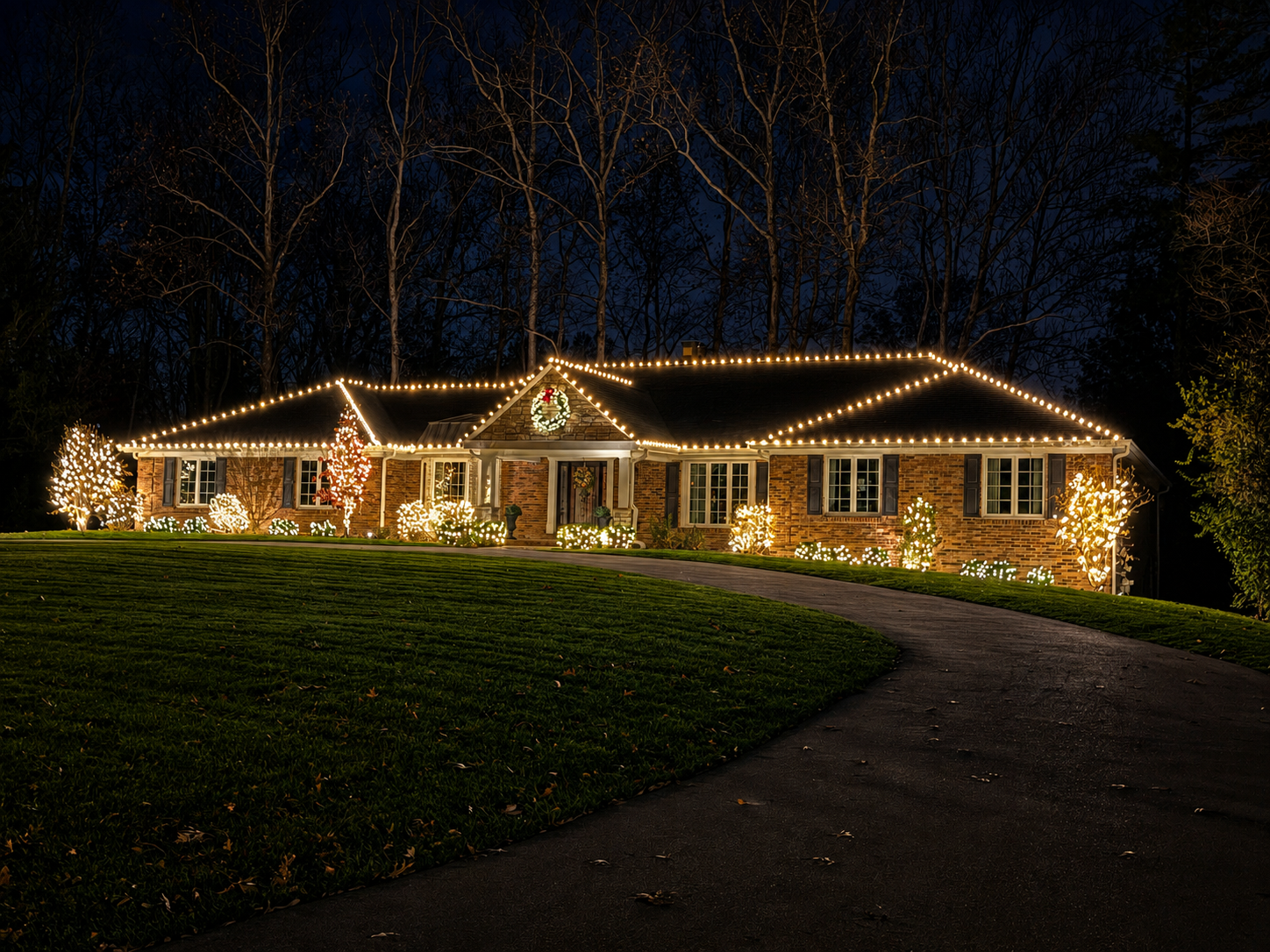 Creve Coeur ranch home with warm white roofline lights and lit landscape bushes