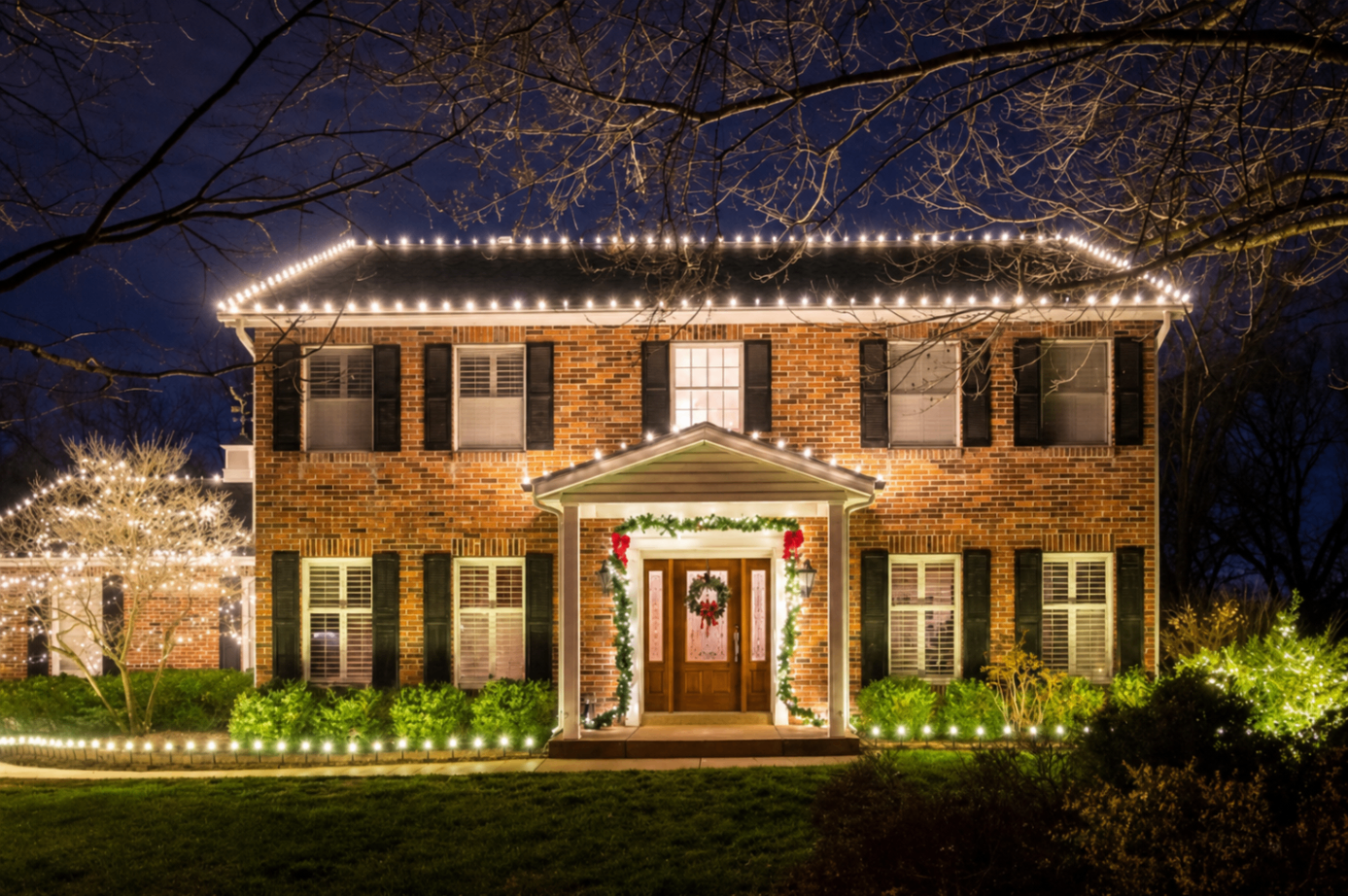 Des Peres home with bright white Christmas roofline lights