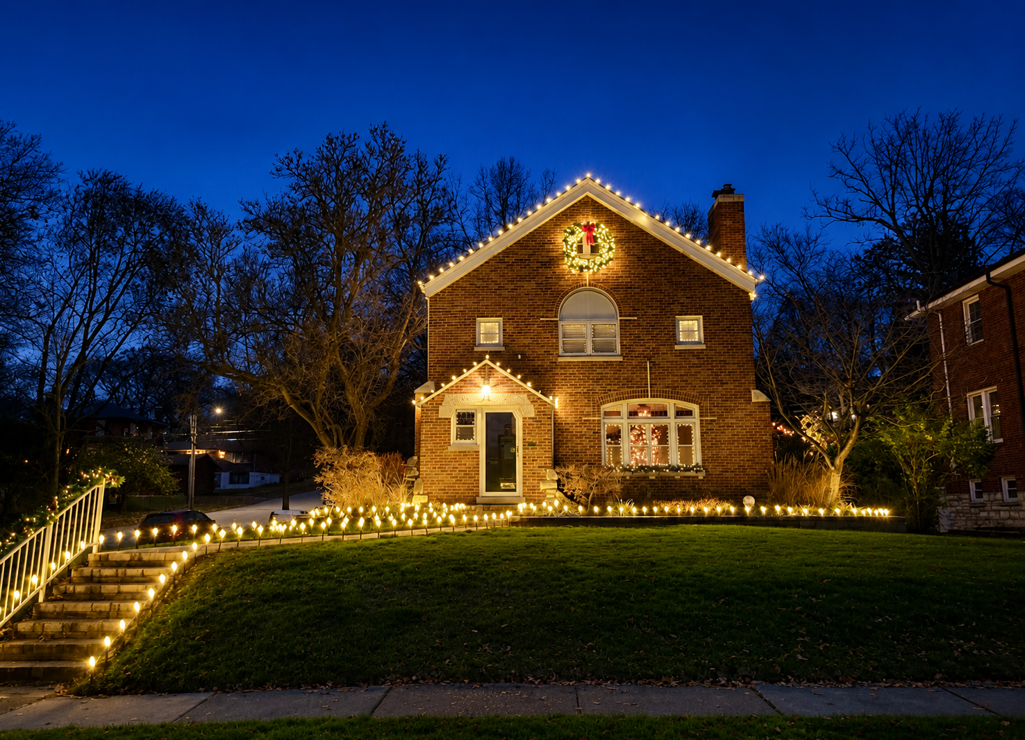 University City brick home with warm white roofline lights, lit wreath, and pathway lights